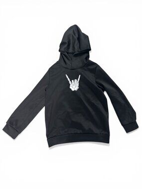 Skeleton Rock On Hand Graphic Hoodie Black Cotton Blend Pullover Size 8
